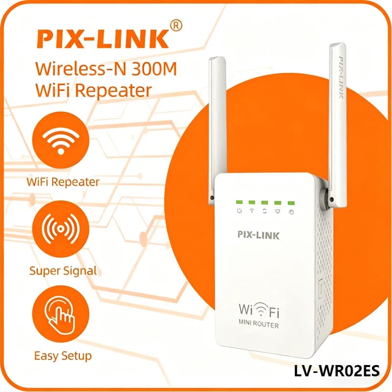 PIX-LINK WR02ES N300 Mini Ripetitore WiFi 300Mbps 2.4GHz 2 Antenne Modalità Router/AP Extender Penetrazione Pareti Facile Configurazione