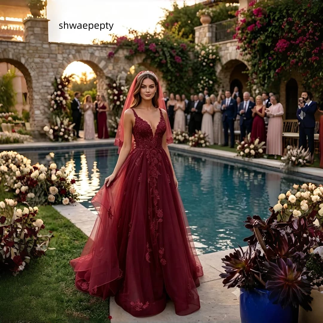 Deep V Neck Spaghetti Straps Wedding Dress Lace Applique A Line Floor Length Burgundy Bridal Gown With Veil Customized