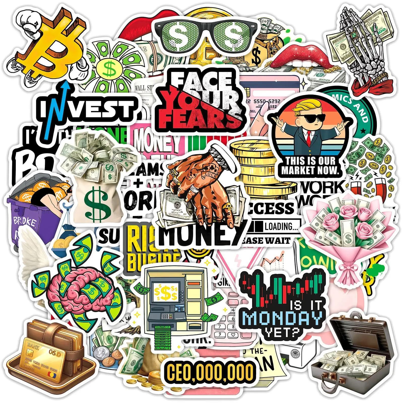 50Pcs Cool Money Series Cartoon Stickers Dollar Decals Graffiti Notebook Suitcase Phone Funny Decoration Sticker Toys Gift