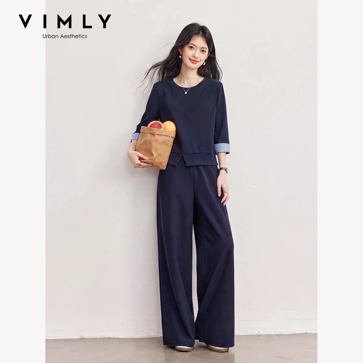 VIMLY Fashion Casual Sports Suit Women Fall 2026 New Contrast Color 3/4 Sleeve T-shirt Top Wide-leg Pants Two-piece Set A7203