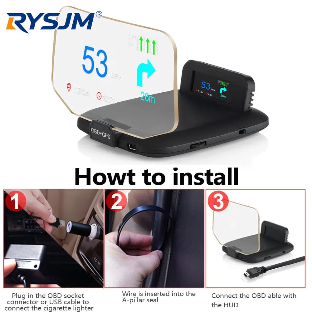 C1 Proiezione di navigazione per auto HUD Head-Up Display OBD2 + GPS Proiettore per auto Tachimetro / Temperatura dell'acqua / Tensione / Allarme giri/min