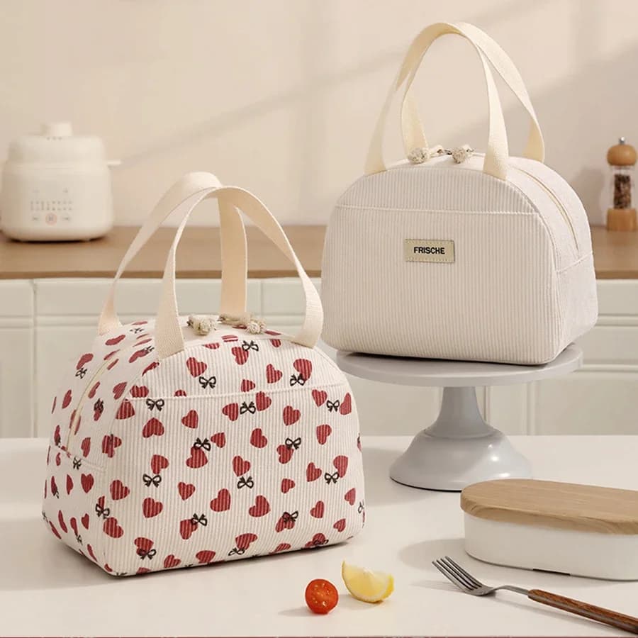 Corduroy Lunch Bag Portable Thermal Insulation Women's Cute Print Large Capacity Picnic Bento Box Handbag for Lunch Storage