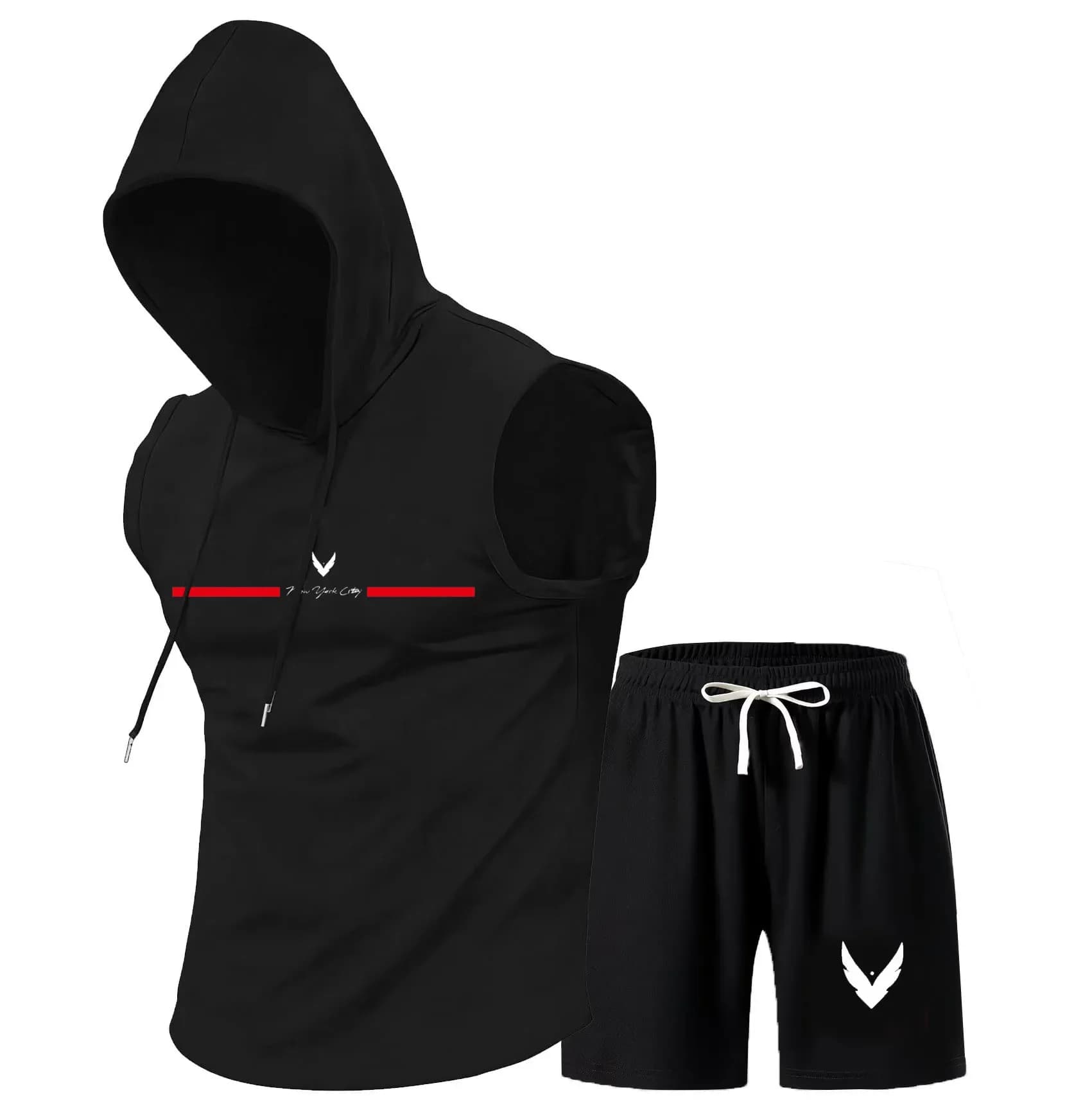 Set gilet con cappuccio da uomo, t-shirt senza maniche con cappuccio, set gilet e pantaloncini, sport estivi, allenamento in palestra, sport all'aria aperta e tempo libero