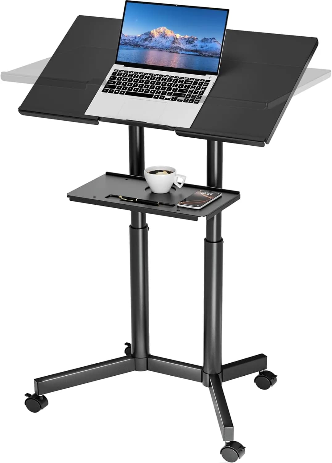 Scrivania Mobile per Laptop Regolabile in Altezza con Piano Inclinabile, Carrello con Ruote per Casa, Ufficio e Aula, Bianco