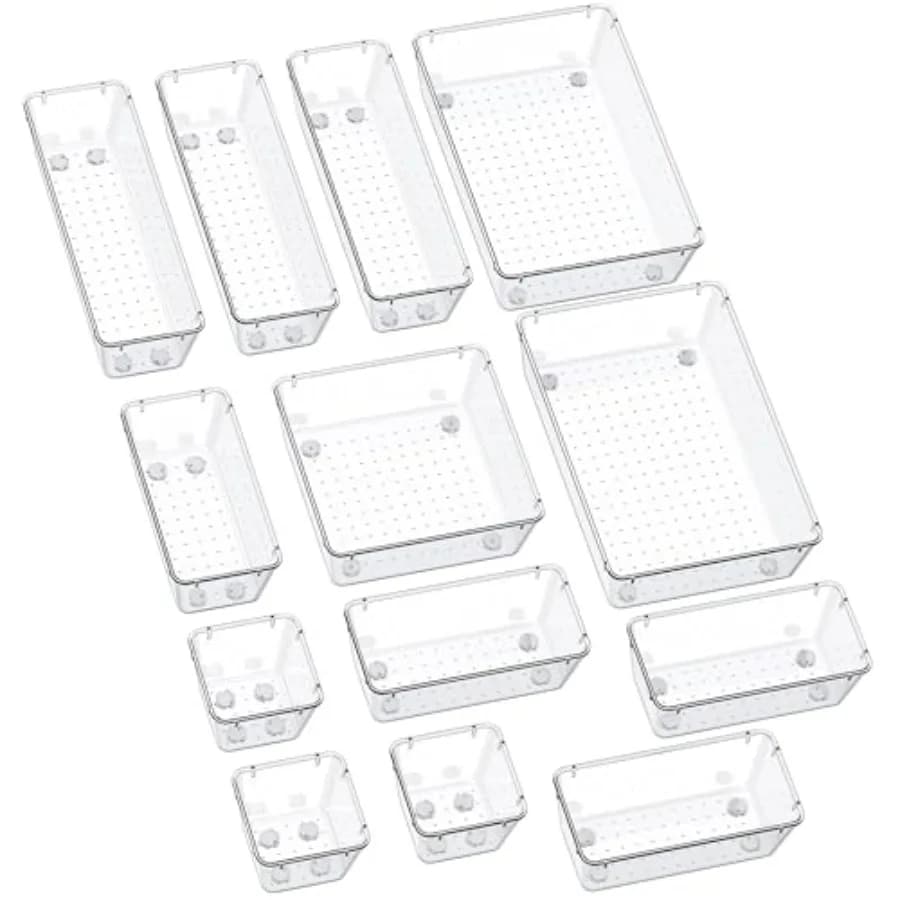 Set di 13 Organizzatori per Cassetti con Cuscinetti in Silicone Antiscivolo, Vassoi Organizzatori per Cassetti da Scrivania e Bagno in 5 Misure, Vassoio Portaoggetti per Trucchi, Gioielli