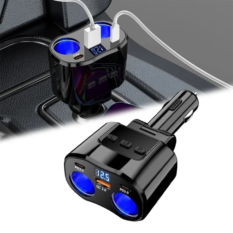 Caricabatteria da auto USB, splitter per accendisigari 12/24V 96W Doppie porte PD3.0 Type-C e QC3.0 con interruttore separato Display della tensione a LED