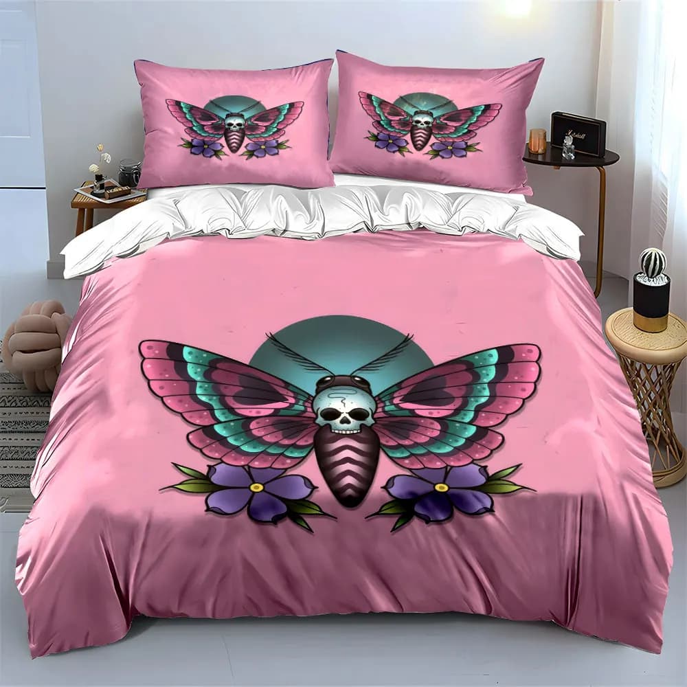 Set di biancheria da letto con copripiumino morbido e confortevole con decorazioni artistiche a forma di teschio di farfalla, include 1 copripiumino e 2 federe, regalo