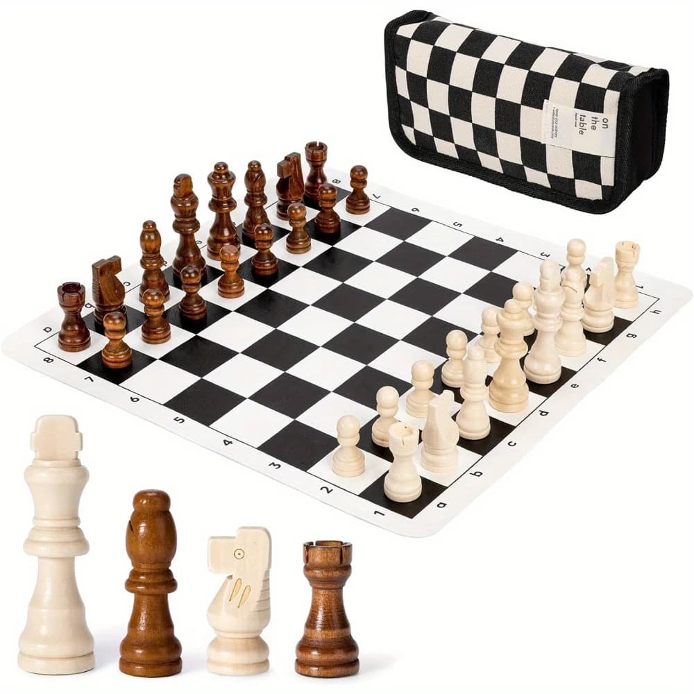 34CM/13.4IN Chess Set, INCLUDE a black and white grid bag, a Chess cushion and 32 chess pieces, Classic Family Outdoor Game