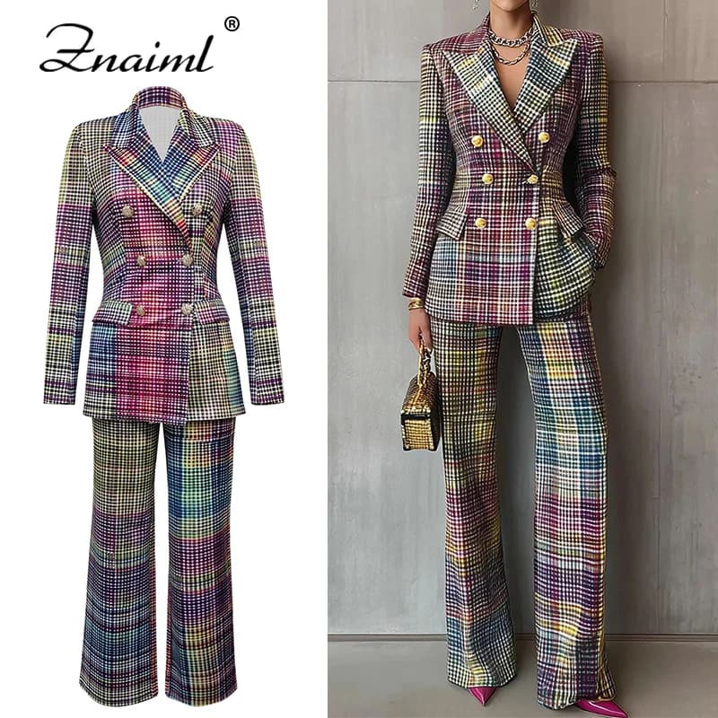 Znaiml Chic Plaid Stampato Slim Giacca da donna con risvolto Giacca a maniche lunghe e pantaloni dritti a vita alta Set da 2 pezzi da ufficio