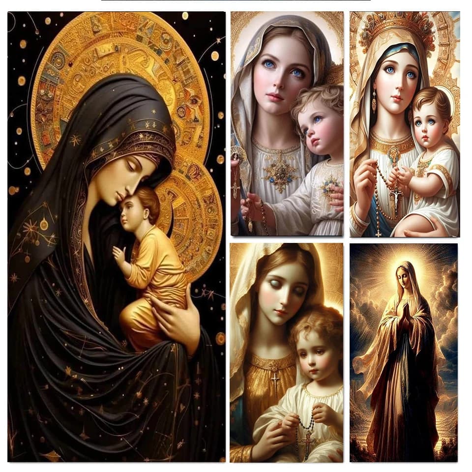 Kit per Pittura Diamantata 5D Fai da Te, con Diamanti Quadrati e Rotondi, a Tema Vergine Maria, Ricamo a Punto Croce, Mosaico Religioso