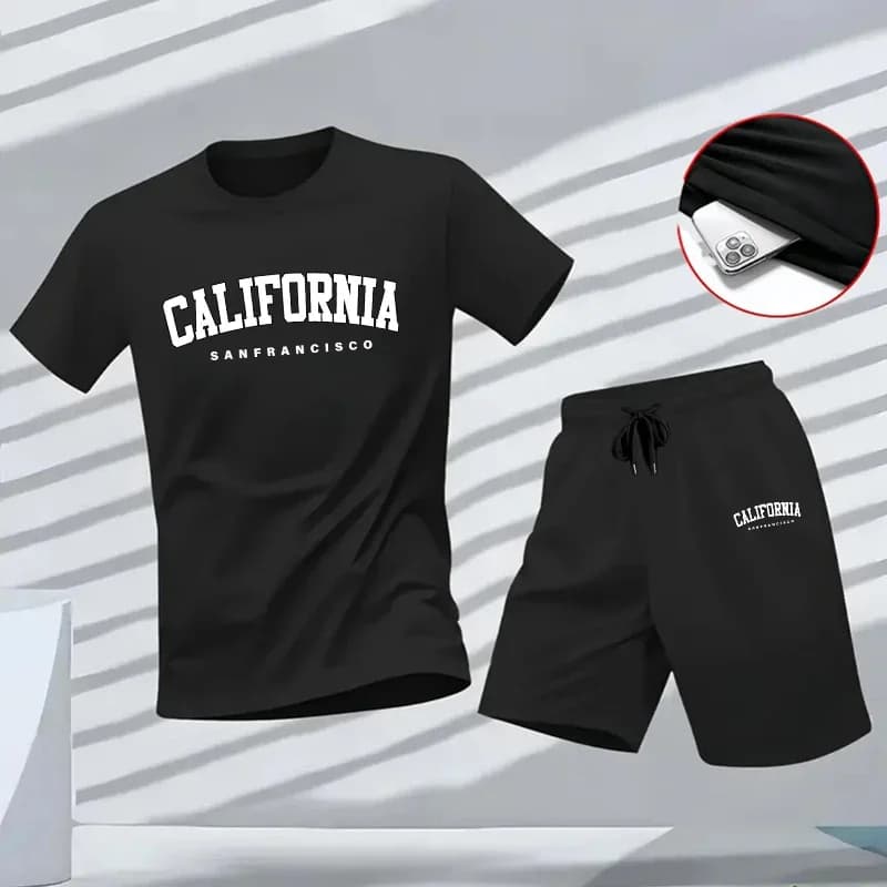 Completo Sportivo da Uomo 2 Pezzi con T-shirt e Pantaloncini Stampa California Fashion - Collezione Estate 2026 - Abbigliamento Casual Quotidiano da Jogging