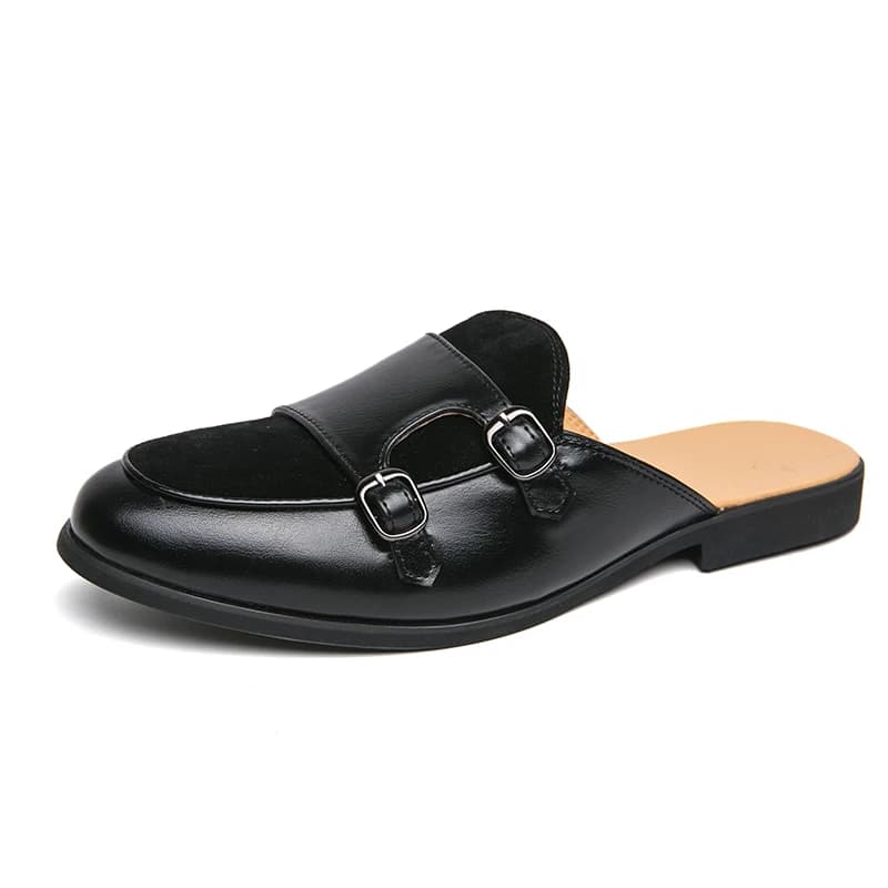 Fashion Black Green Monk Strap Half Slippers Driving Shoes For Men Casual Suede Leather Mules Breathable Loafer Zapatos Hombre