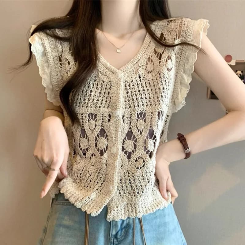 Camicia scavata con fiori in stile francese, patchwork estivo, top in pizzo all'uncinetto, scollo a V, dolce camicetta da donna con maniche volanti