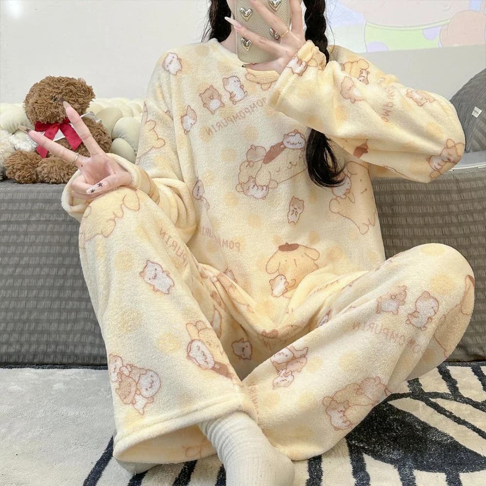 Sanrio Pompom Purin Winter Pajamas Y2K Kawaii Cartoon Women's Warm Sleepwear Pant Long Sleeve Nightwear Flannel Home Clothes New