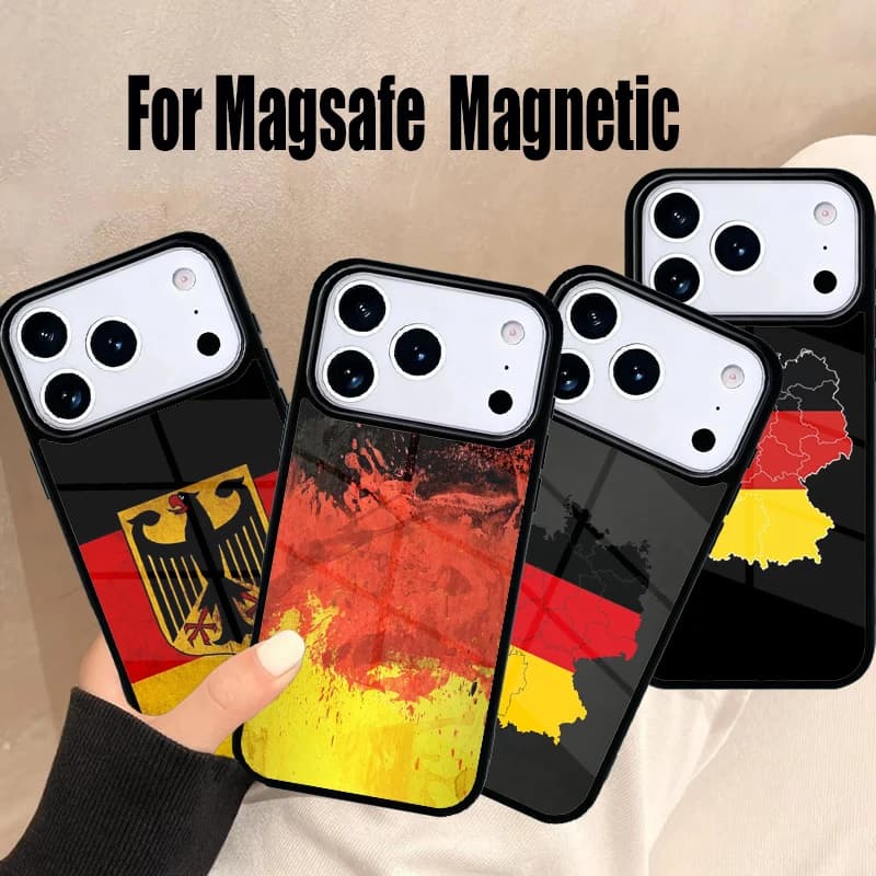 Cover per iPhone con Bandiera Tedesca e Emblema Nazionale per iPhone 17 Air 16e 15 14 13 12 11 Pro Max Plus, Cover Magnetica Wireless Magsafe