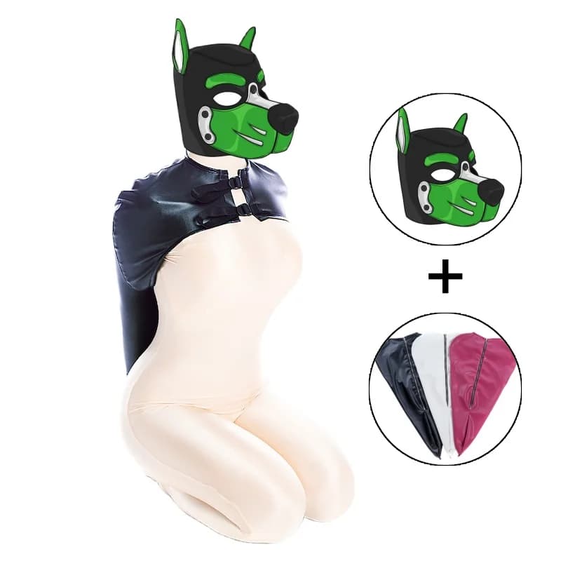 Lingerie rave per adulti con fascino sexy con cappuccio per cani fetish, imbracatura per il petto, guanto singolo, raccoglitore per braccio per coppia, abbigliamento per bondage per il corpo BDSM