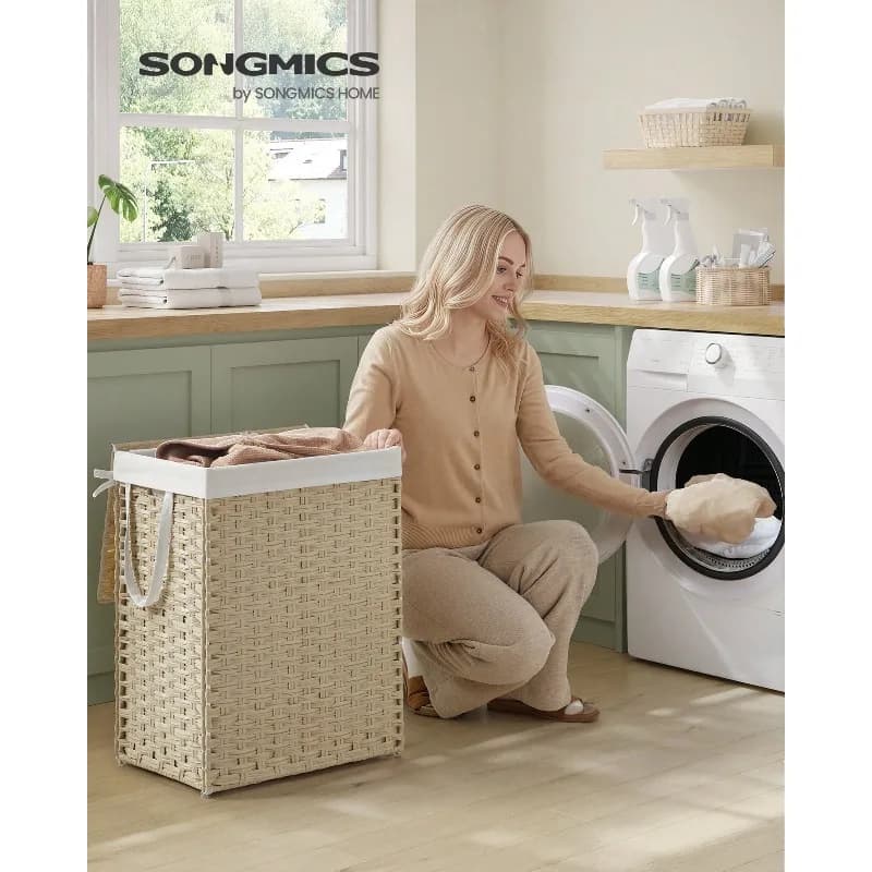 Handwoven Laundry Hamper, Dirty Clothes Basket, 23.8 Gal (90L) Synthetic Rattan Clothes Laundry Basket With Lid And Handles, Foldable, Removable Liner Bag, 18.1"L X 13"W X 23.6"H