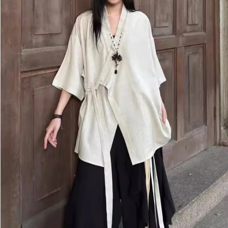 Camicia da donna giapponese YY Designer Manica a 3/4 Moda Casual Streetwear Camicia a vestaglia taoista Top asimmetrico Stile Zen
