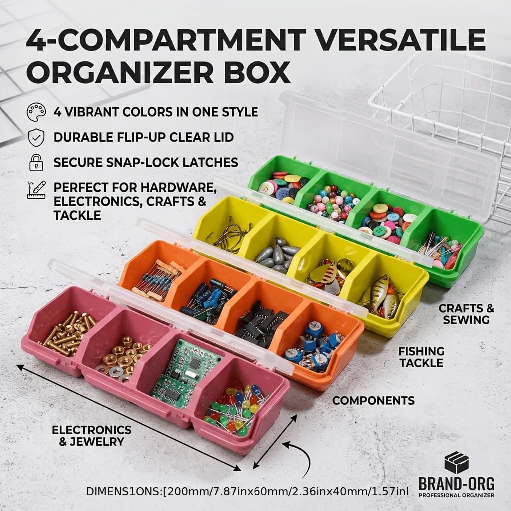 2 Pack 4 Compartments Plastic Small Parts Organizer Box for Screws Fishing Tackle Jewelry Craft Beads Electronic Components Case