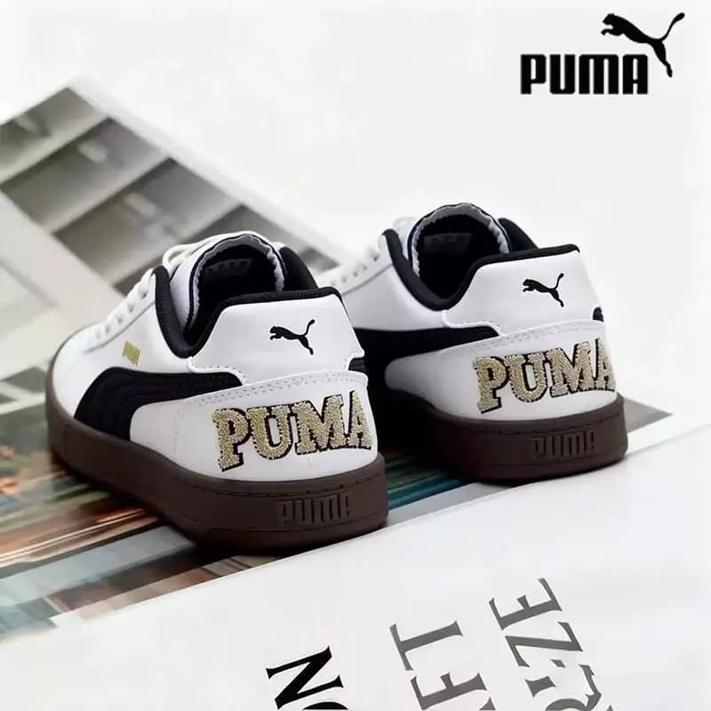 PUMA White Black Glitter Logo Retro Low Top Skate Sneakers, Gum Sole Unisex Daily Casual Fashion Shoes 395082-09