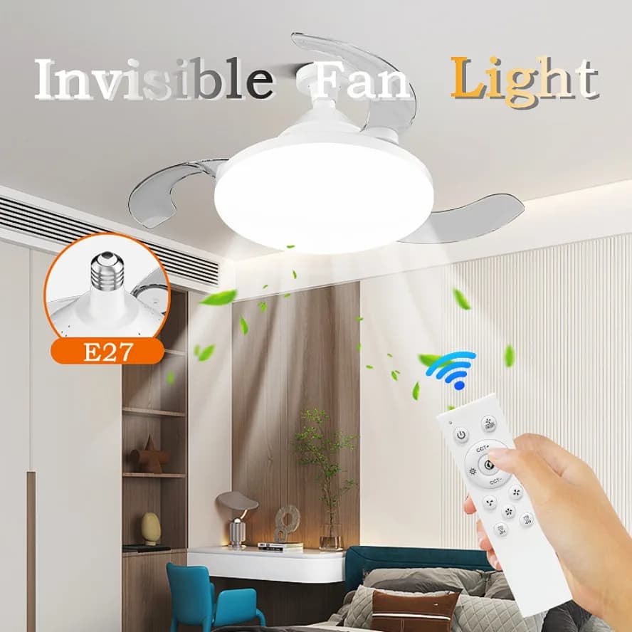 Intelligence Ventilatore invisibile Ventilatore da soffitto con telecomando con lampada di illuminazione Base convertitore E27 per camera da letto Soggiorno Casa silenziosa