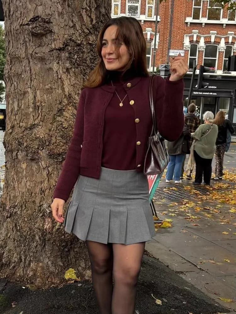 HH Autumn Women Elegant Burgundy O-neck Knitted Cardigan Fashion Metal Buttons Long Sleeve Sweater Female Casual Outerwear