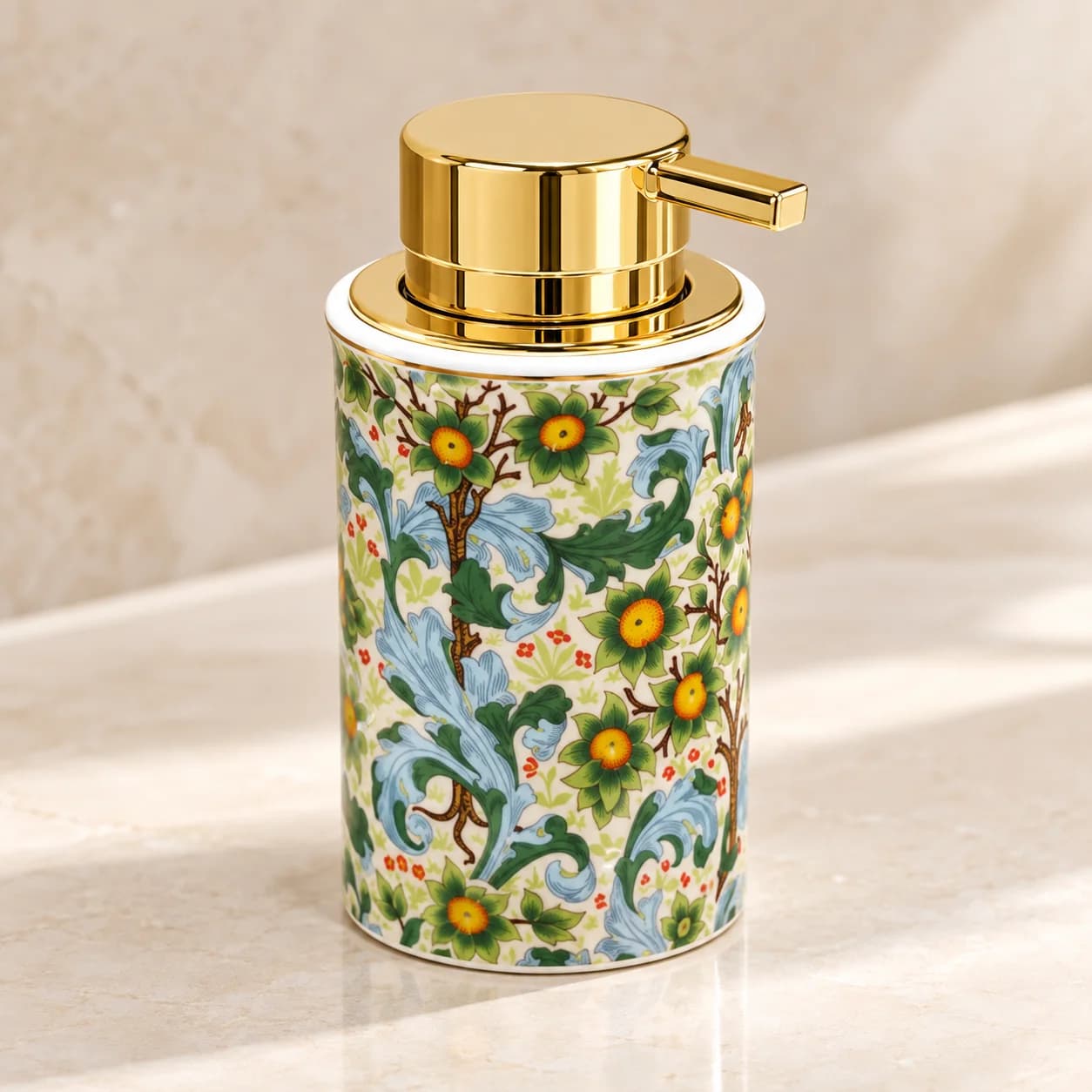 250ml Vintage Floral Ceramic Foaming Soap Dispenser with Gold Pump, Refillable Hand Wash Bottle for Bathroom and Kitchen