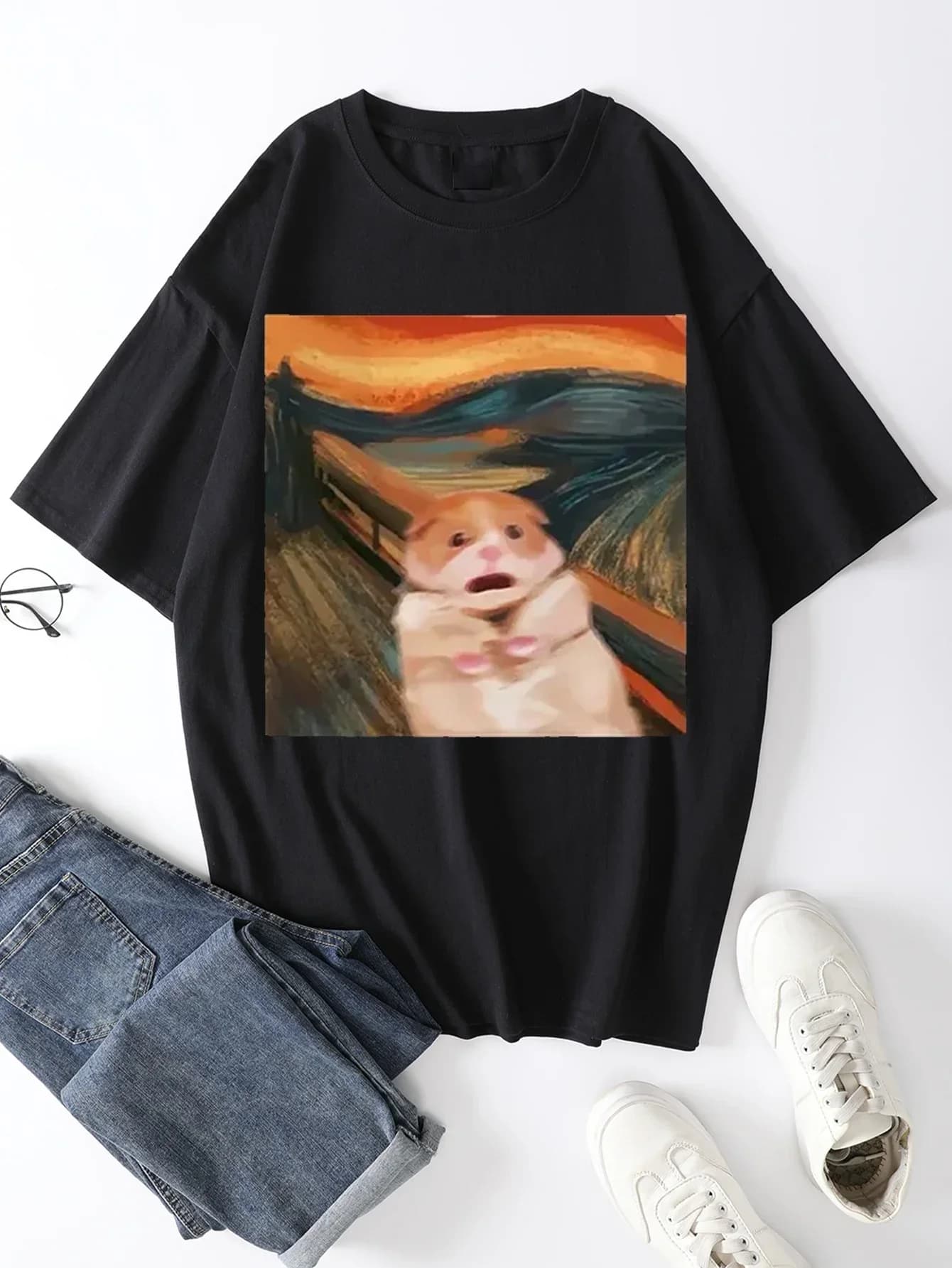 T-shirt con stampa divertente del modello Funny Screaming Hamster, top creativo, casual, girocollo, maniche corte, pantaloncini, abbigliamento estivo da donna