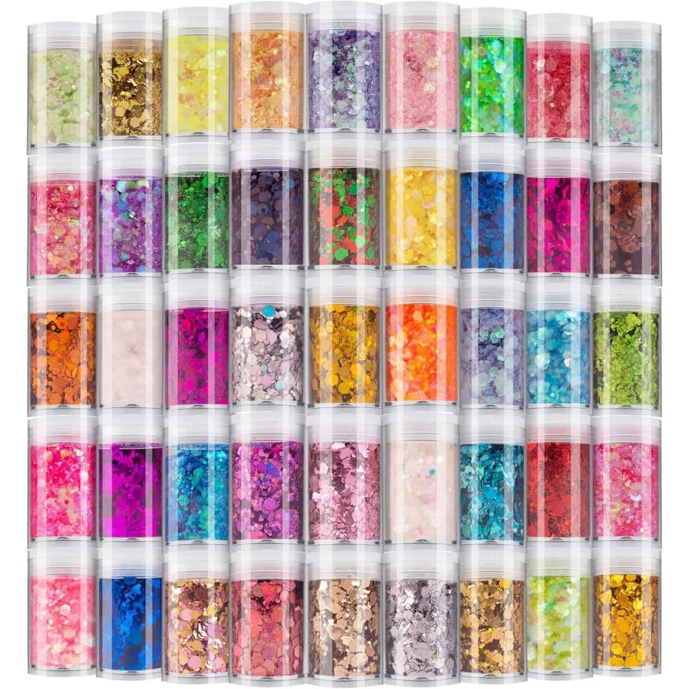 45 ColorsHolographic Chunky and Fine Glitter Mix, Festival Sequins & Powder, Iridescent Flakes,Nail Art Resin Loose Glitter