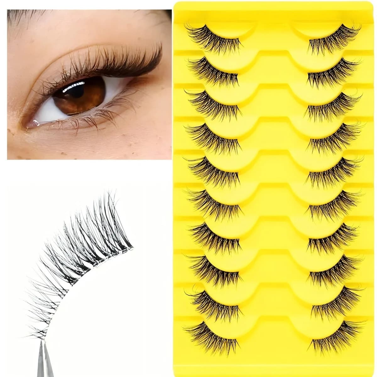 Ciglia Finte Semi-Lunghe Stile Cat-Eye con Banda Trasparente, Leggere e Morbide, 10 Paia, Miglioramento Angoli e Bordi
