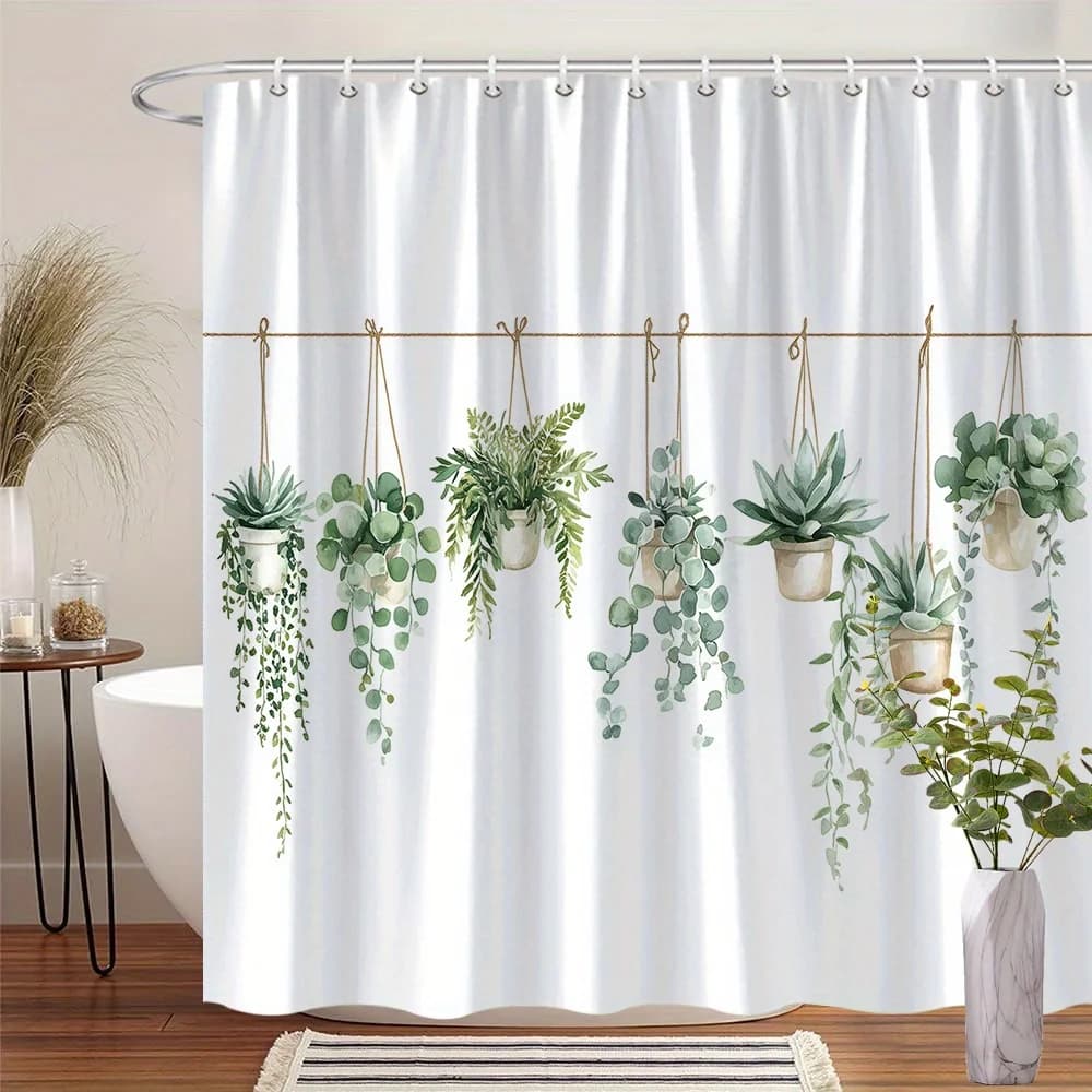 Tenda da doccia con piante sospese, piante grasse verdi, erbe in vaso, design, arredamento per il bagno, tende impermeabili, stile Boho Home