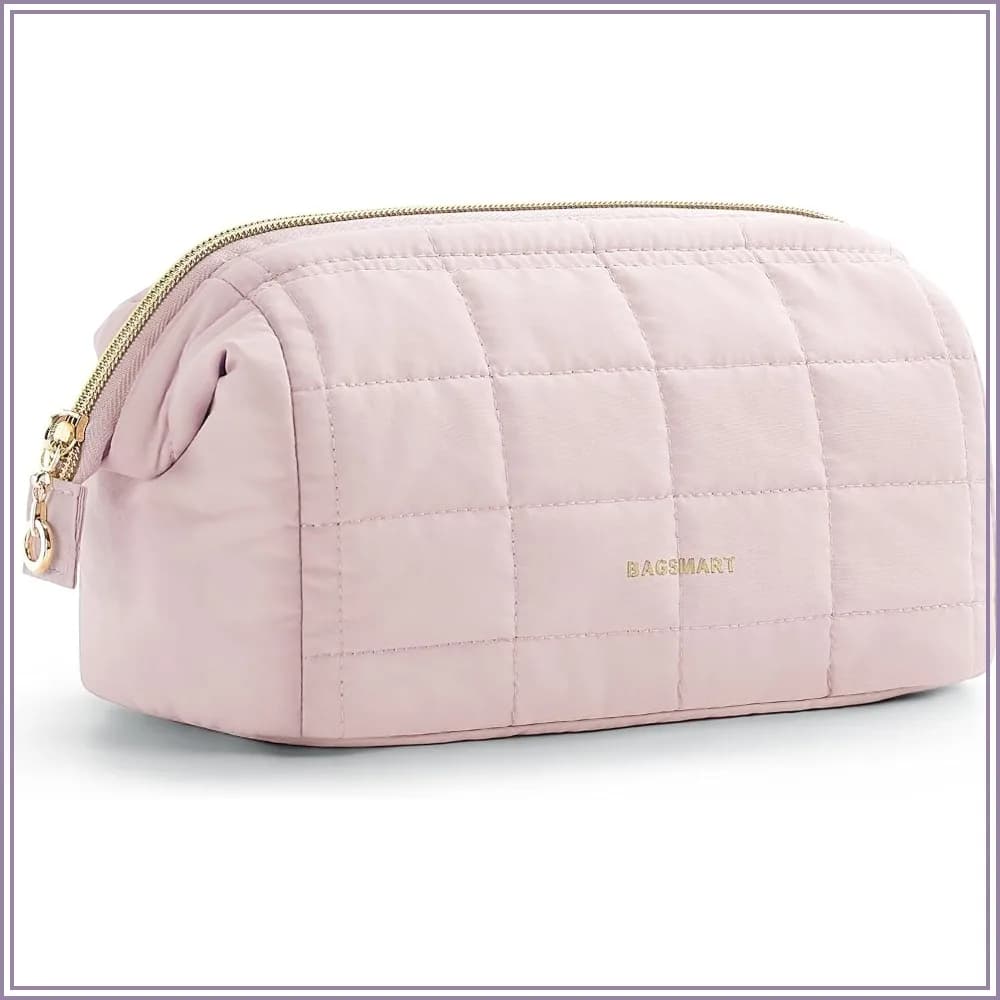 Travel bag for tricks and toiletries, wide and openable organizer for cosmetics and brushes, pink