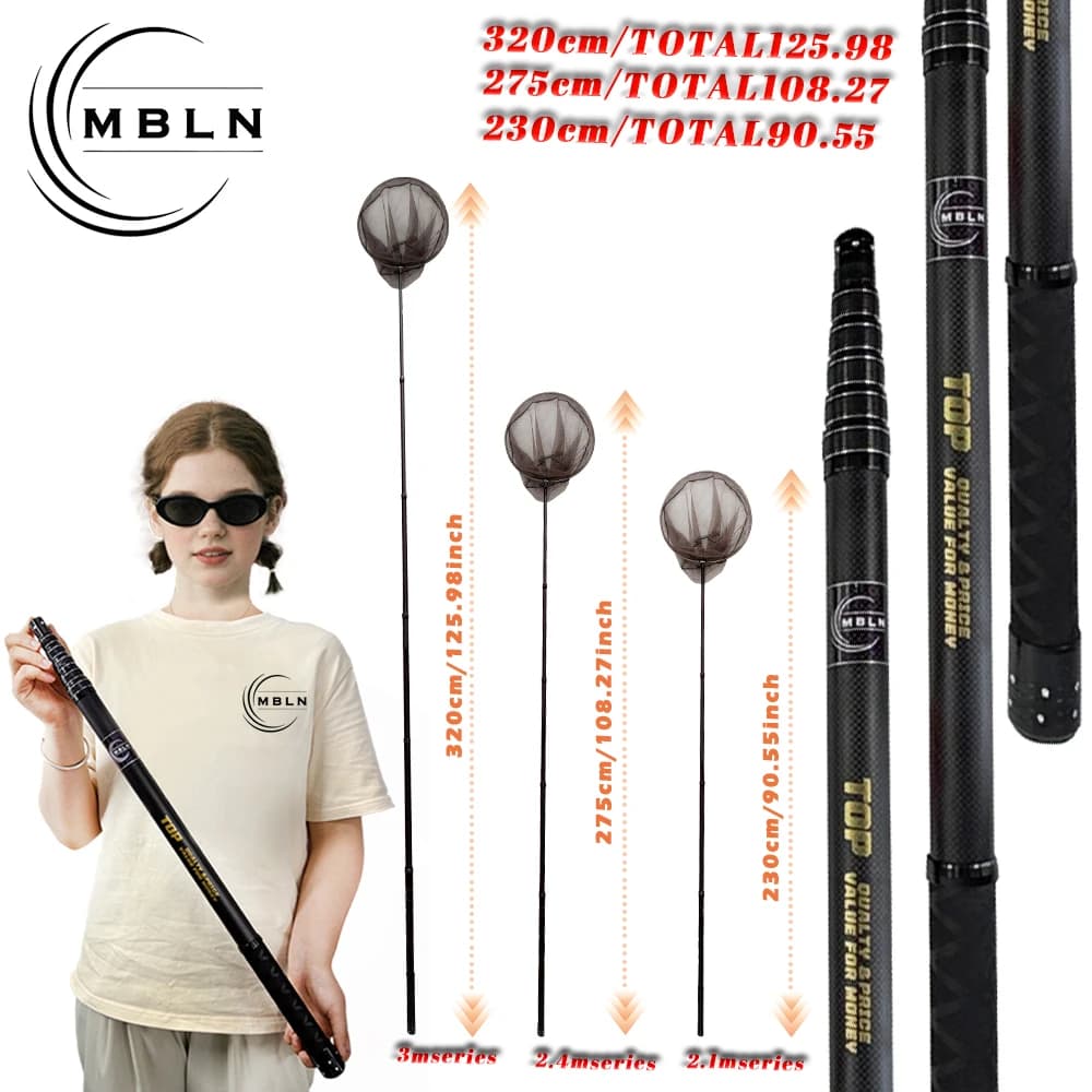 MBLN Carbon Landing Net,Adjustable Up To 320cm,Collapses Under 60cm,Ultra-Light,Durable Carbon Build With 40cm Hoop,Portable