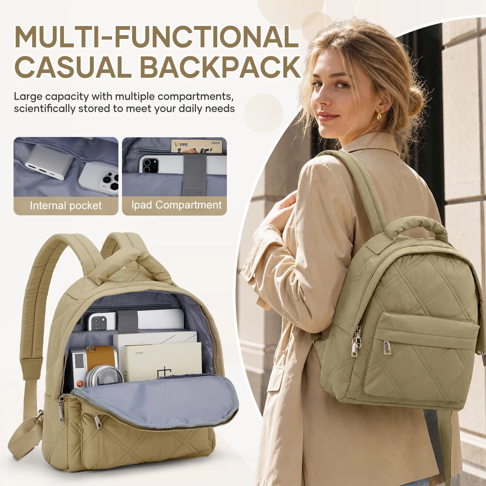 Zaino da Donna alla Moda, Mini Zaino Leggero Casual, Borsa da Lavoro, Zainetto Imbottito Piccolo da Donna