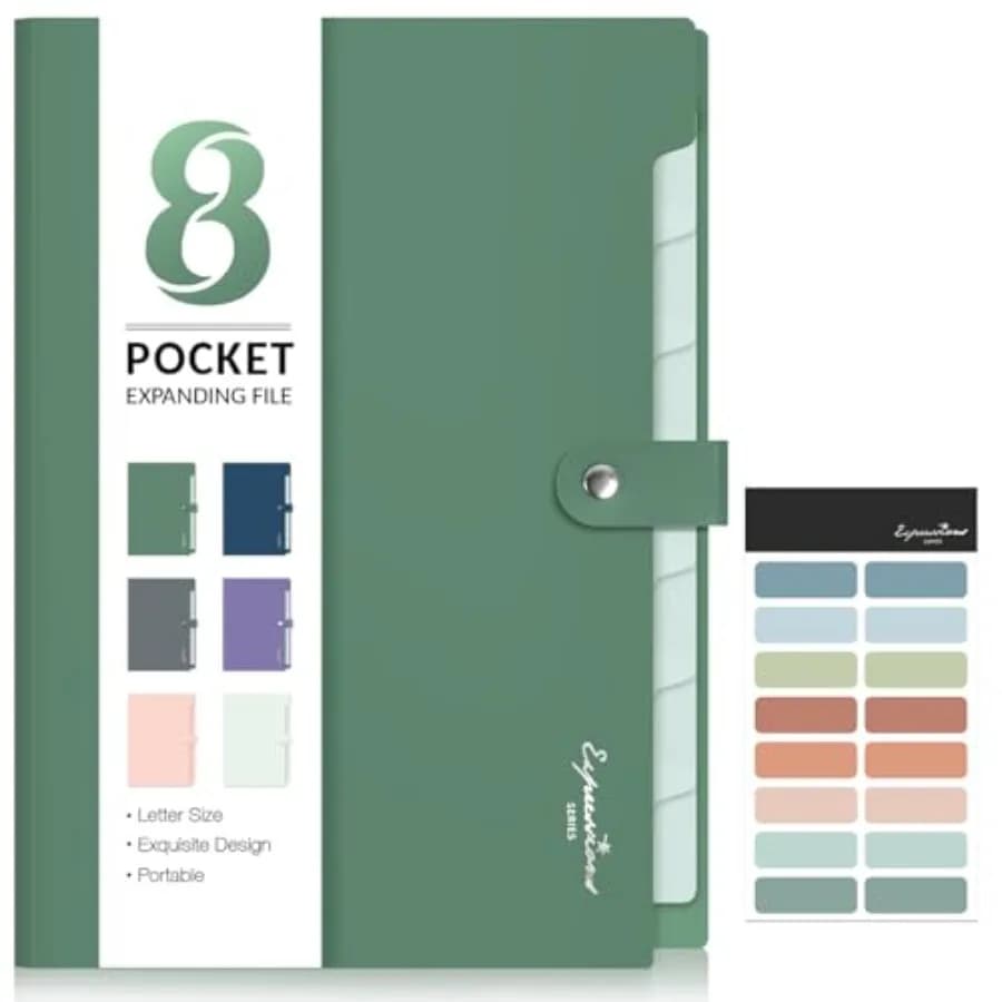 Elegant Accordion File Organizer, 8 Pocket Expanding File Folders with Labels, Portable Folder for Documents, Cute Paper Organi