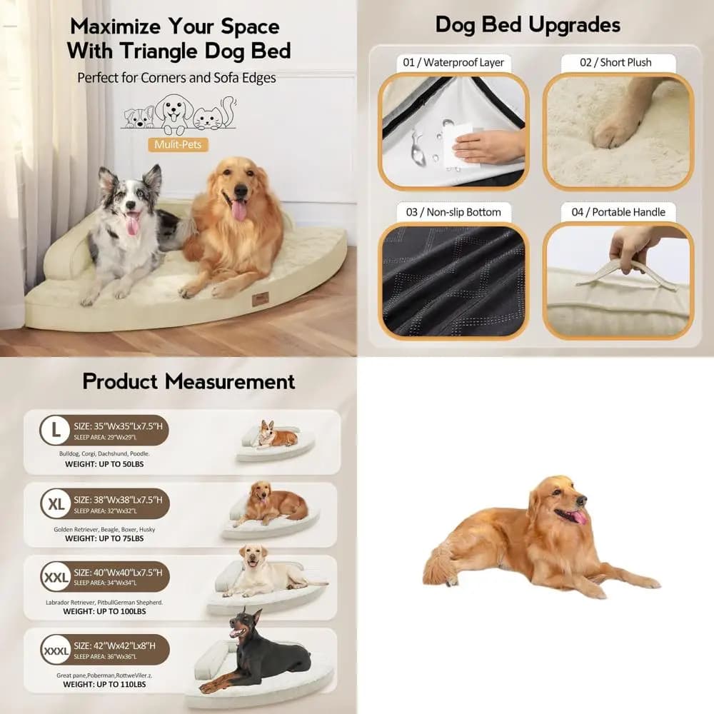 Letto per cani ortopedico XL in memory foam con rivestimento rimovibile, impermeabile e antiscivolo, beige