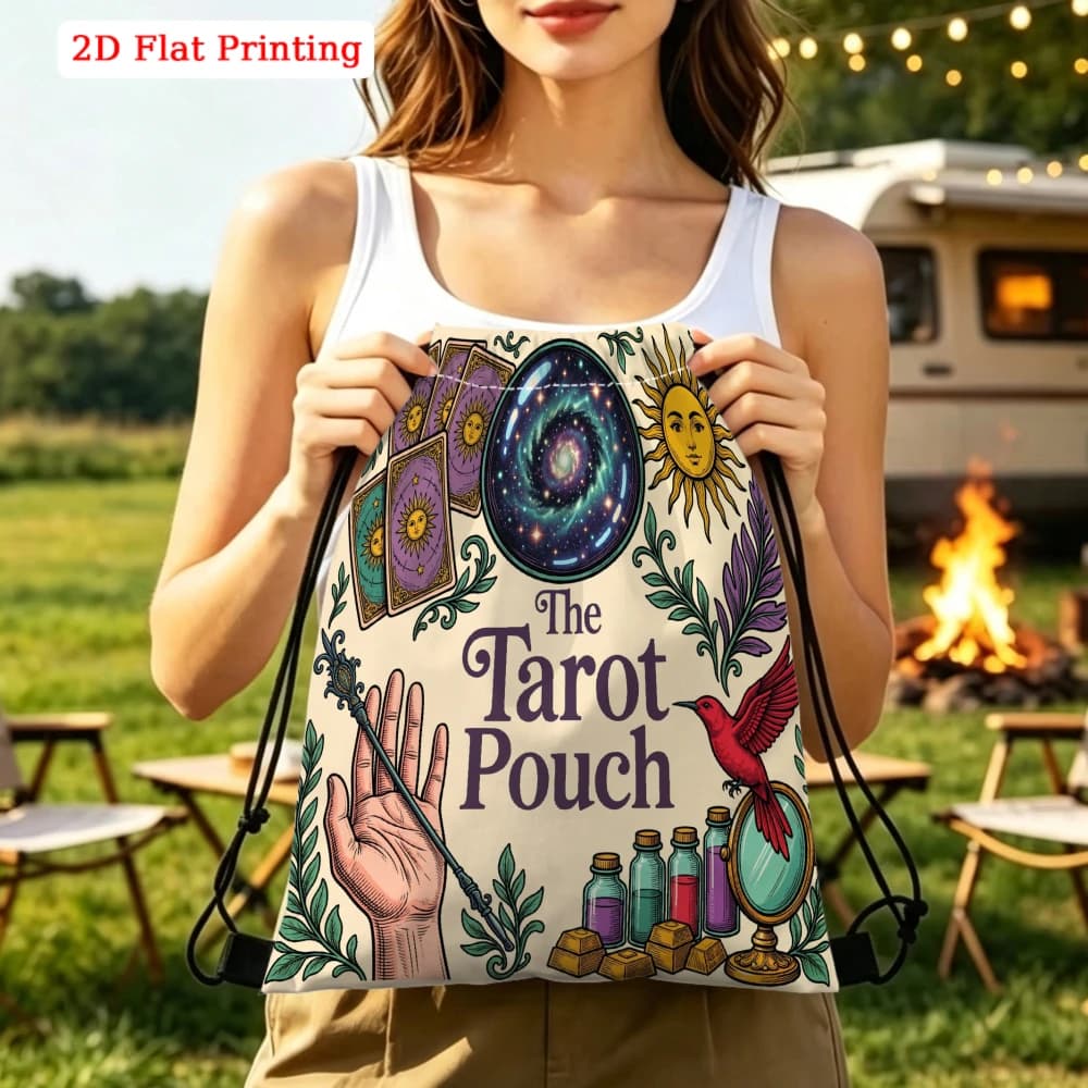 Mystical Tarot Card Drawstring Backpack, 2D Flat Printing Galaxy Sun Moon Design, Fitness Sports Bag, Outdoor Travel Cinch Sack