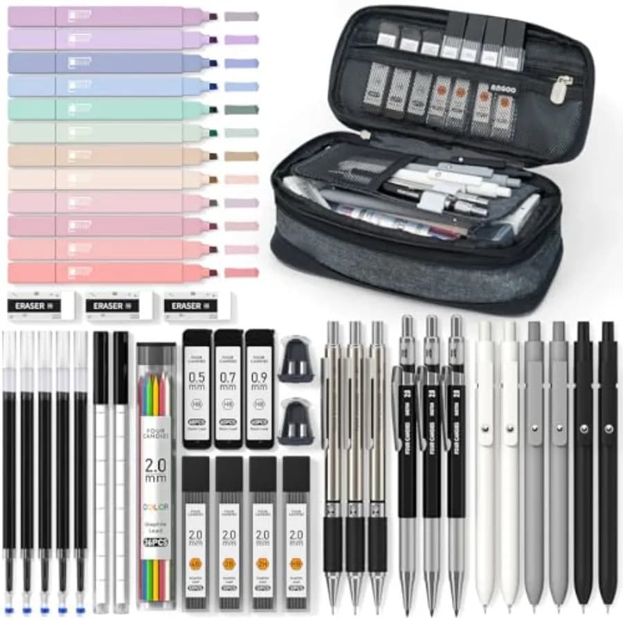 Set di 45 articoli di cancelleria scolastica con astuccio, 12 evidenziatori pastello, 6 penne gel, 6 matite meccaniche per studenti