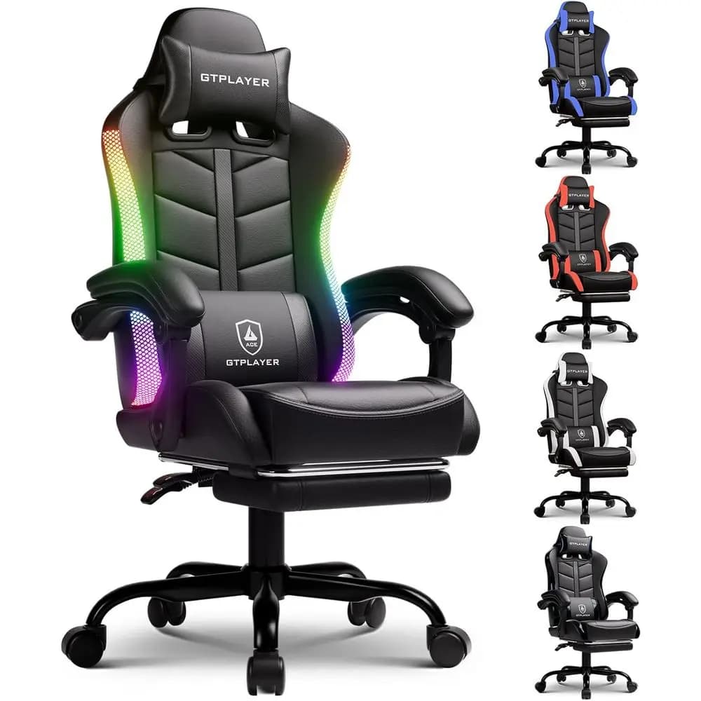 Sedia da Gaming Ergonomica Illuminata con Reclinazione Regolabile e Supporto Lombare Rimovibile, RGB Nero