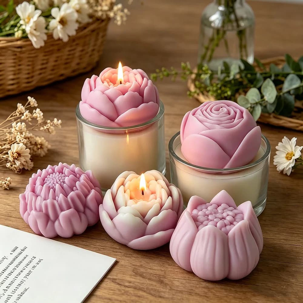 Stampo in silicone per candele a forma di peonia, loto e rosa, per sapone fatto a mano, resina epossidica e cristalli, stampo per portacandele