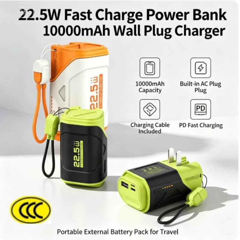 2026 New 10000mAh Portable PowerBank Fast Charger PD22.5W with AC Plug Power Bank for IPhone16-8 Sansung Xiaomi Mobilephone