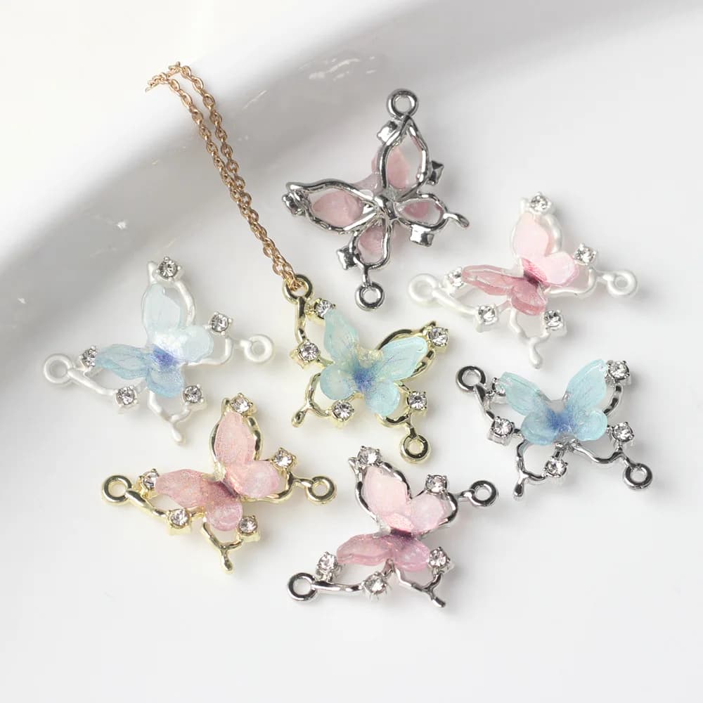 6 Pieces/Length 17*14MM Double Butterfly Suspension Connector in Zinc Alloy with Resin Inlay, Accessories for Creation of Necklaces and Fa-da- ♪