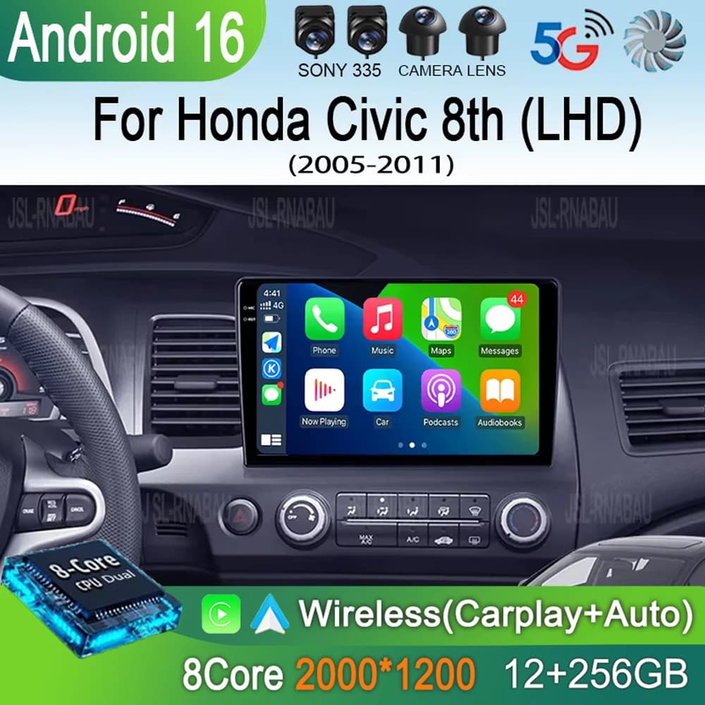 Autoradio Android 16 per Honda Civic 8a generazione 2005 2006 2007 2008 2009 2010 2011 multimediale wireless con CarPlay e Android Auto