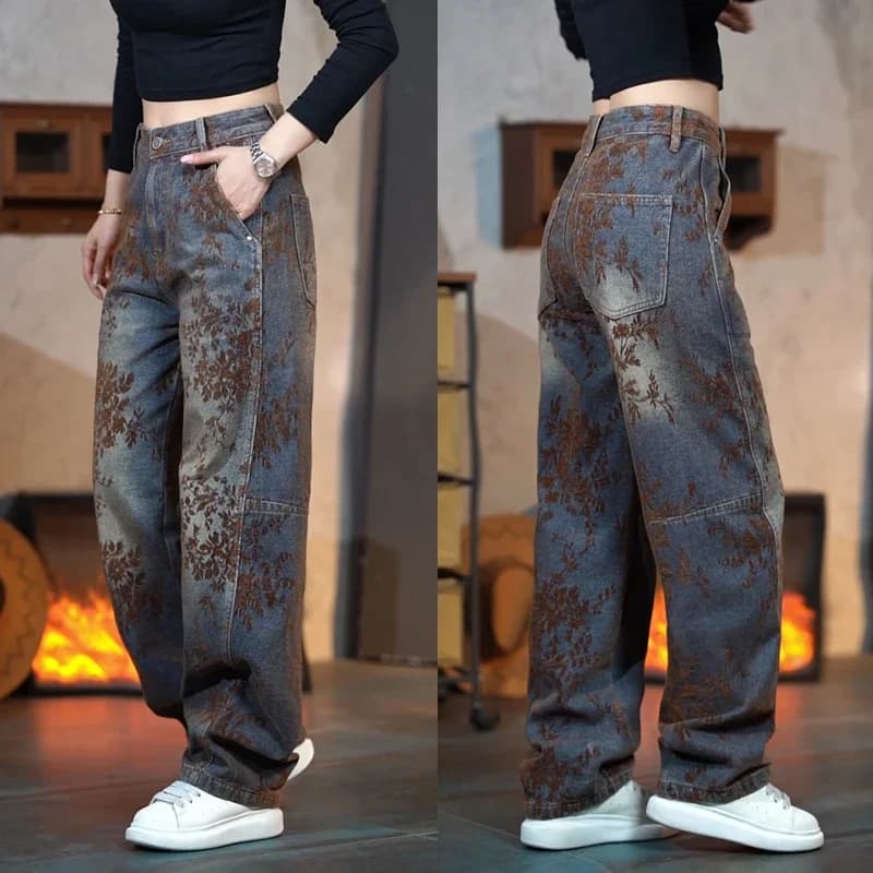 Retro American Embroidered Floing Knife Fce Banana Jeans Men's Bent Knife Pants Long Jeans Casual Cotton Denim
