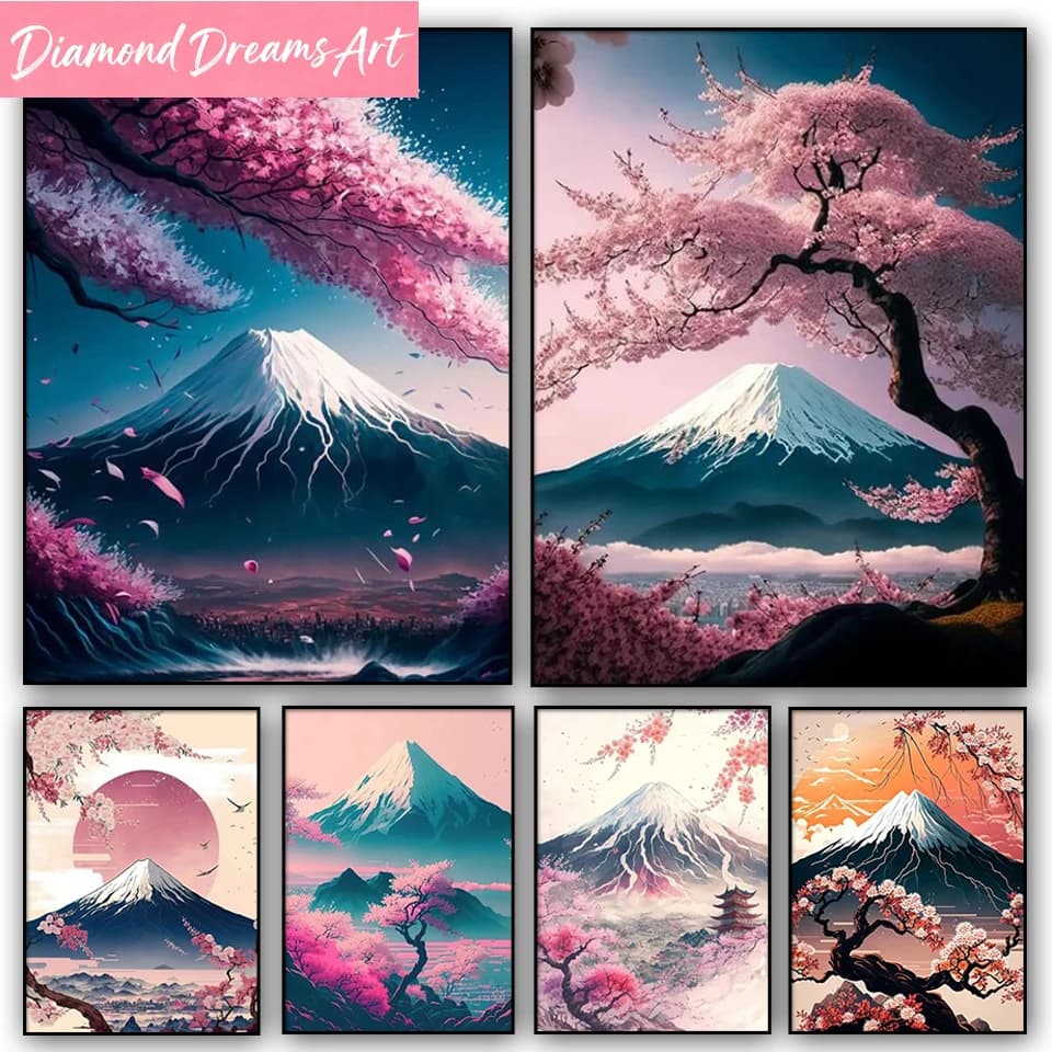 Diamantopittura con Fiori di Ciliegio del Monte Fuji, Paesaggio Giapponese, Diamanti Quadrati e Rotondi Completi, Mosaico Artistico, Decorazione Murale Estetica per la Casa