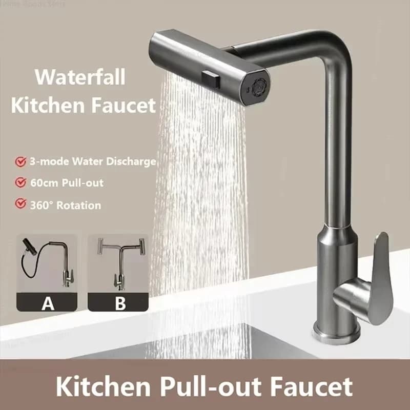 Rubinetto da cucina estraibile grigio/argento, miscelatore flessibile per lavello con acqua calda e fredda, montaggio su piano con modalità doccia a getto