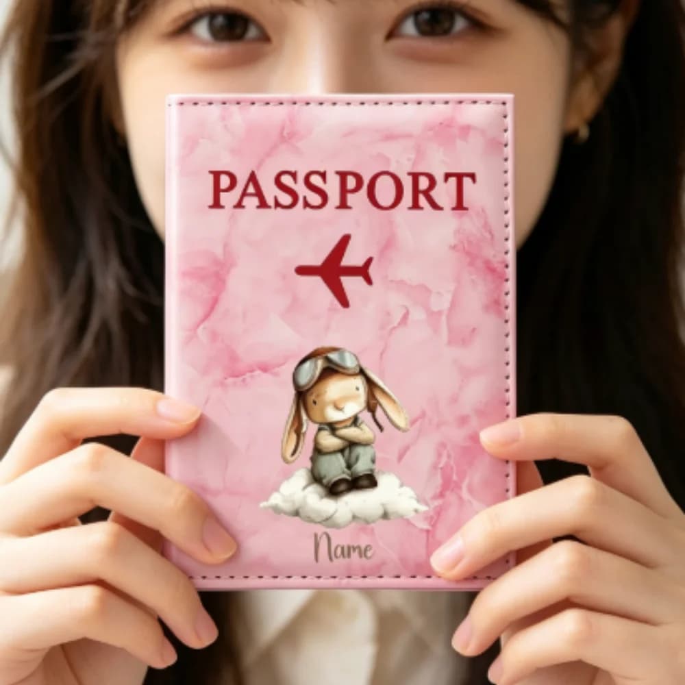 Personalized Name Cute Rabbit Pilot PU Passport Holder, Custom Cartoon Rabbit Wearing Flight Hat Design Gifts for Family Members