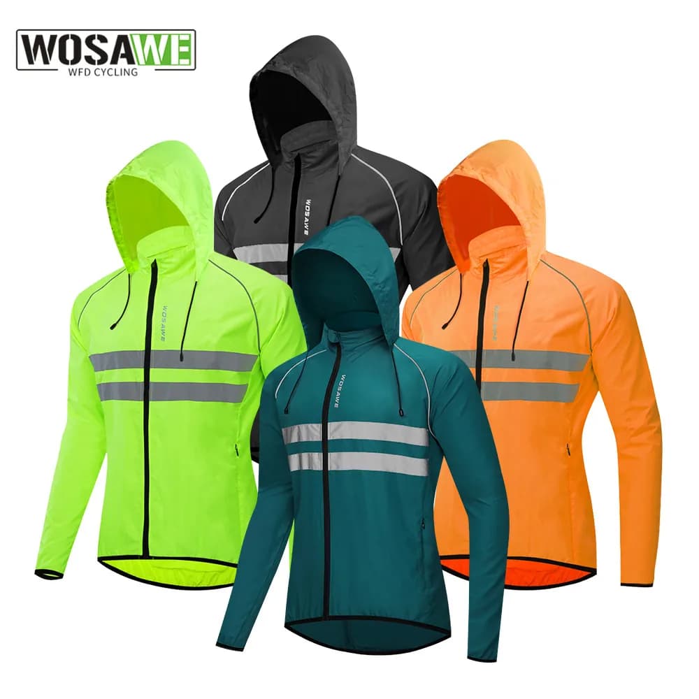 WOSAWE Giacche da ciclismo antivento Maglie da giacca a vento impermeabili a maniche lunghe con cappuccio Gilet riflettente Abbigliamento da bicicletta Giacca da uomo