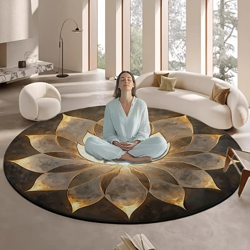 Tappeto rotondo VIKAMA Zen Style Lotus, tappetino antiscivolo resistente all'usura per soggiorno, yoga, meditazione, decorazioni per la casa