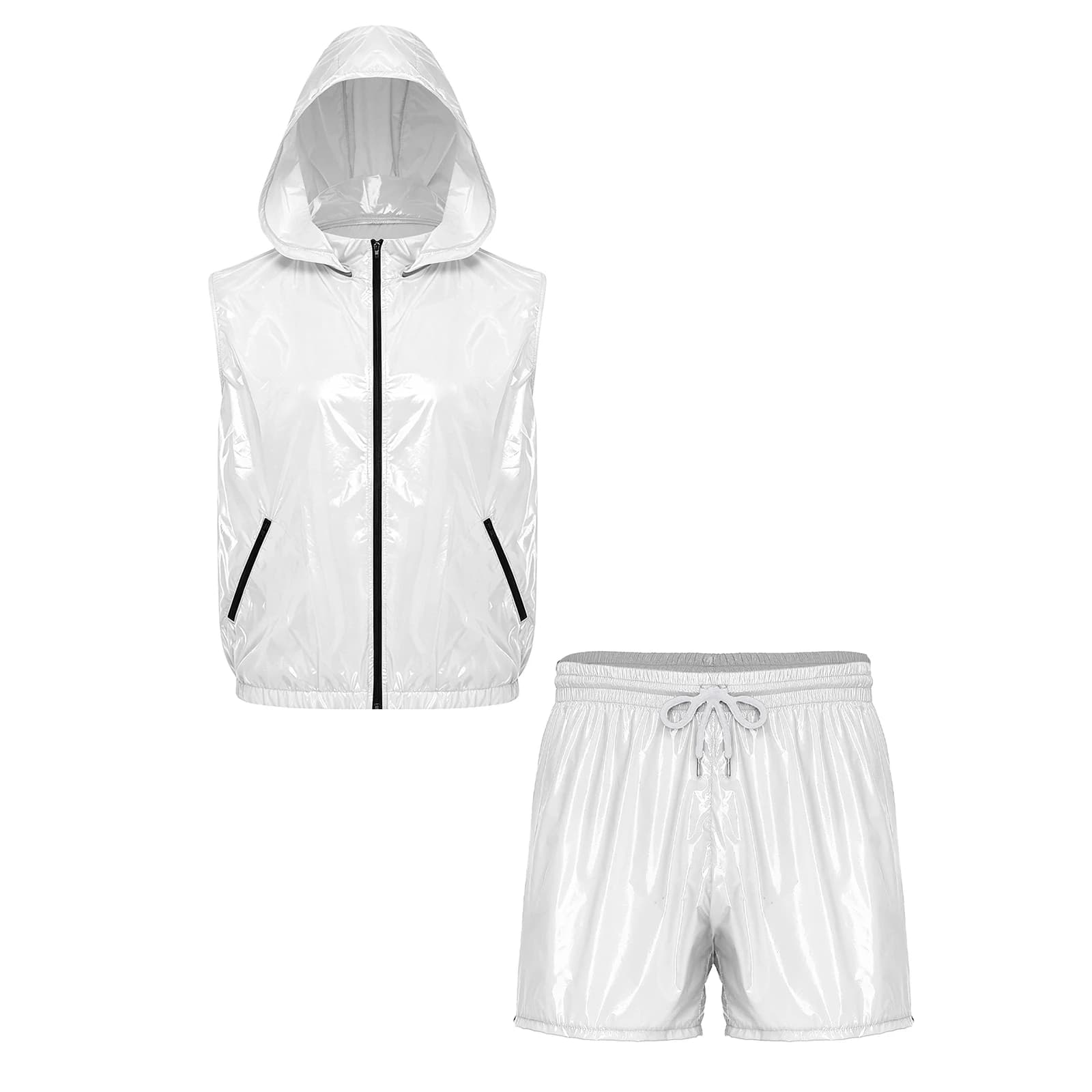 Men Waterproof Tracksuit Causal Sport Outfit Sleeveless Zipper Vest with Detachable Hood And Boxer Shorts for Fitness Workout